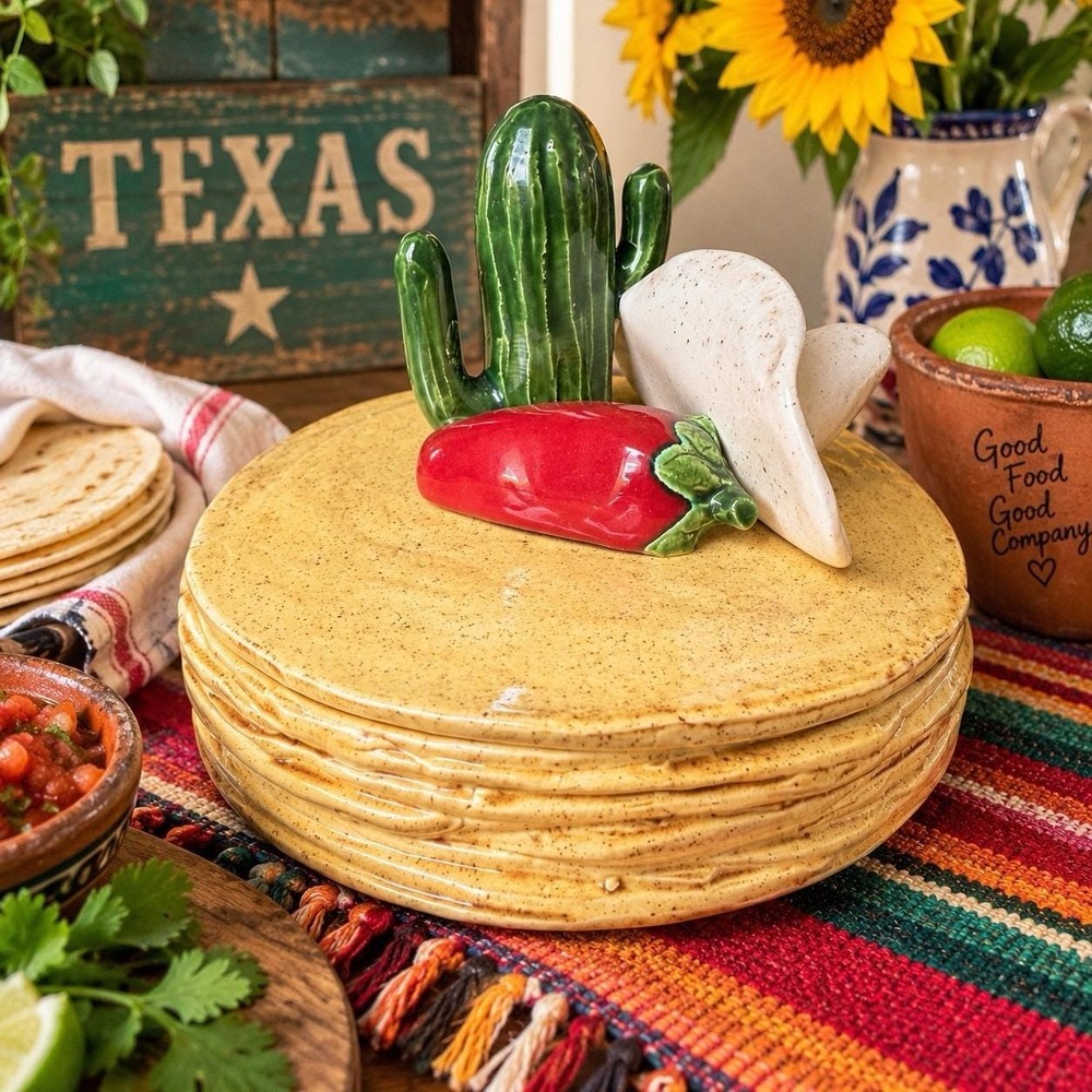 VTG Texas Studio Pottery Tortilla Warmer Cactus Sombrero Folk Art Signed Fiesta!